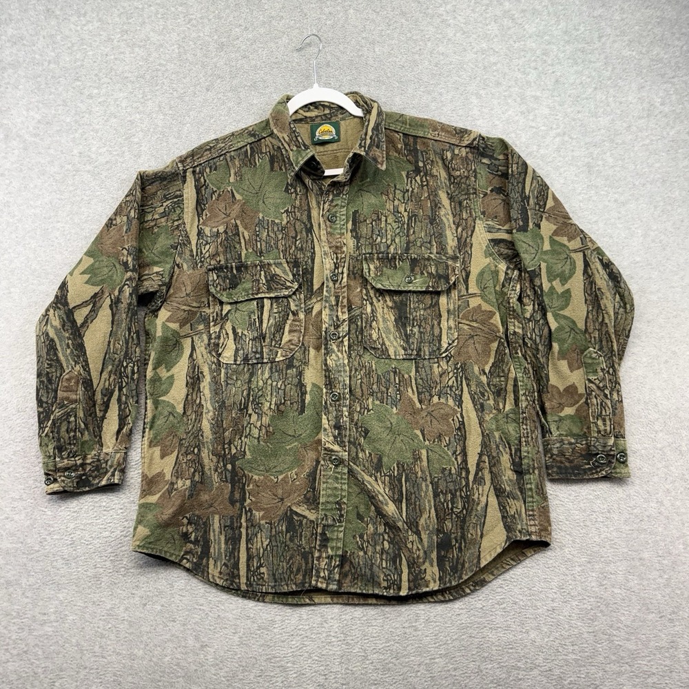 Vintage Cabelas Shirt Mens Large Army Green Rebark Tree Camo Button USA Made 90s